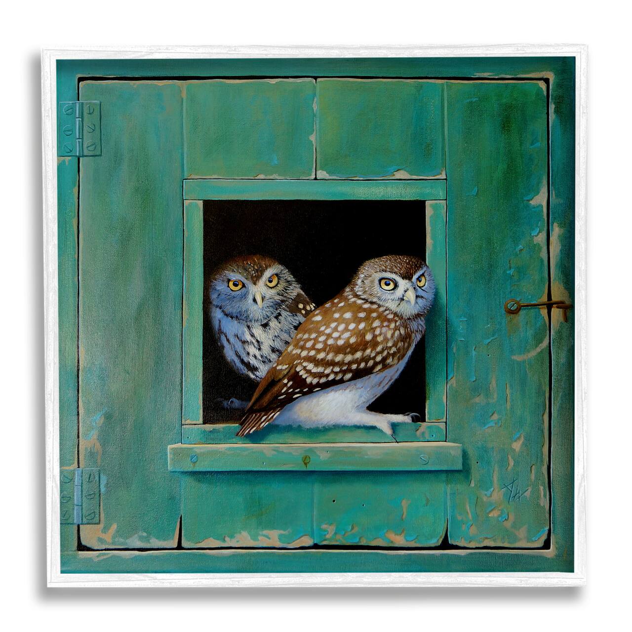 Stupell Industries Spotted Owls Perched Rustic Green Door Ledge Framed Giclee Art